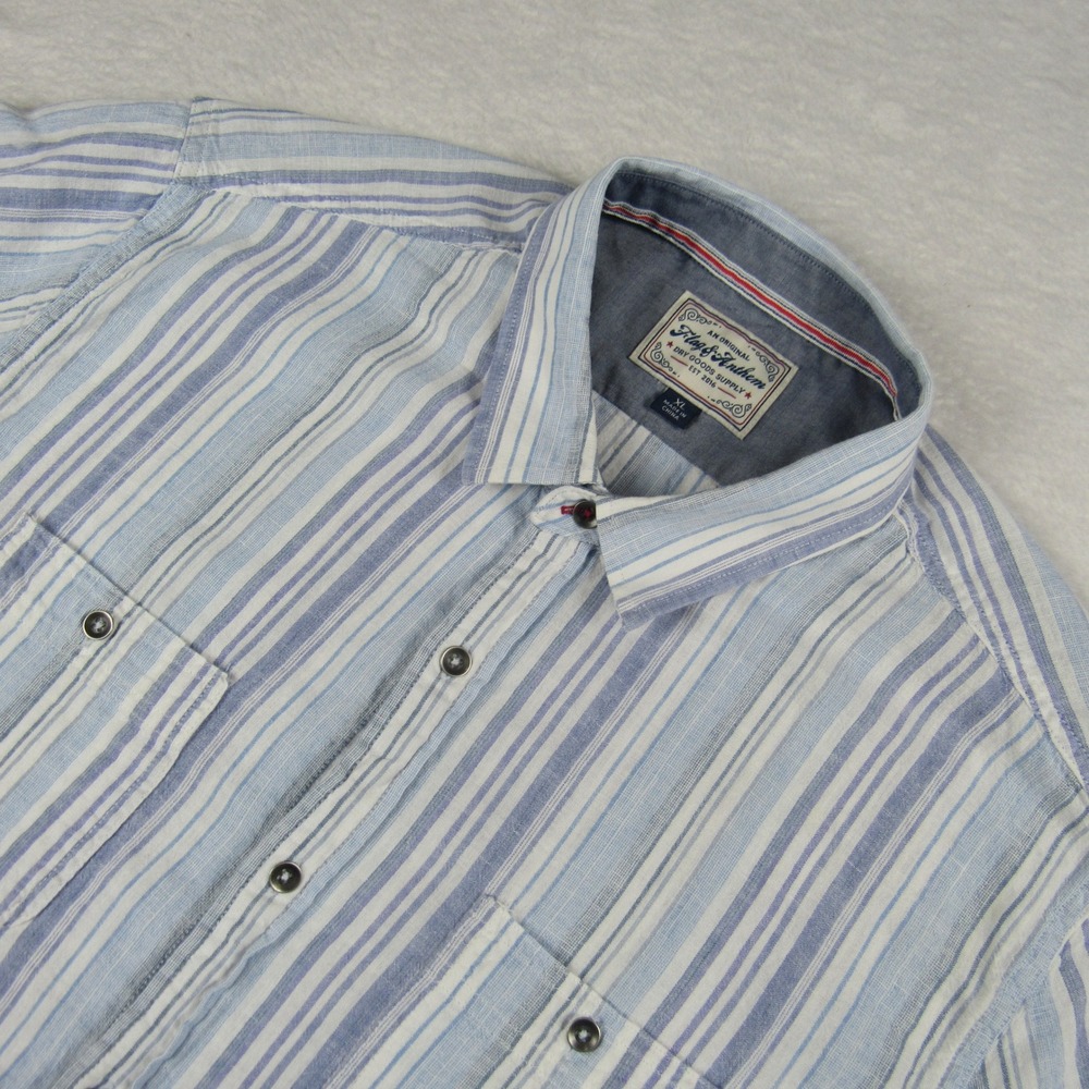 Flag & Anthem Button Down Shirt Mens XL Blue Stripe Excellent Linen Blend SS